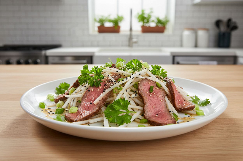 Салат с говядиной и дайконом, пошаговый рецепт приготовления