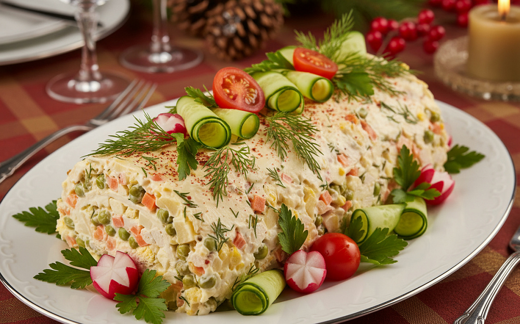 Новогодний рулет-оливье: классический вкус в праздничном оформлении торта