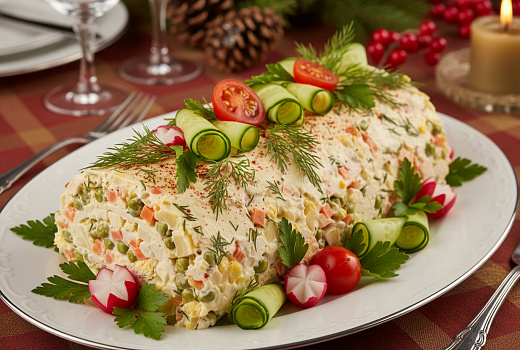 Новогодний рулет-оливье: классический вкус в праздничном оформлении торта