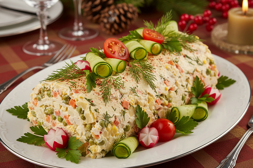 Новогодний рулет-оливье: классический вкус в праздничном оформлении торта