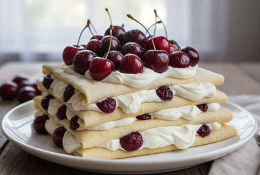 Быстрая монастырская изба без выпечки: лаваш, сметанный крем и вишня