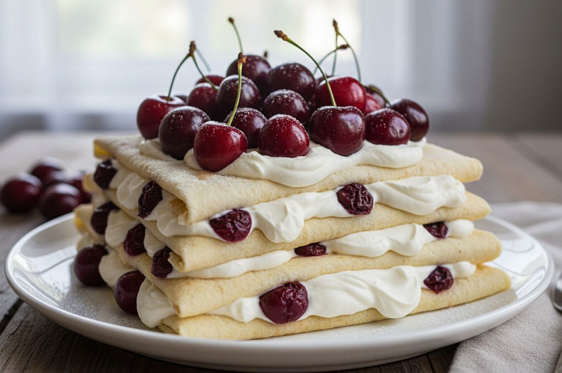 Быстрая монастырская изба без выпечки: лаваш, сметанный крем и вишня