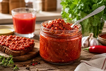 Прокручиваю перец с помидорами и долго томлю: ароматная аджика получается густой и насыщенной