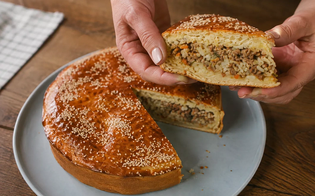 Замешиваем мягкое тесто и прячем внутрь мясо с рисом: пирог выходит высоким и сытным