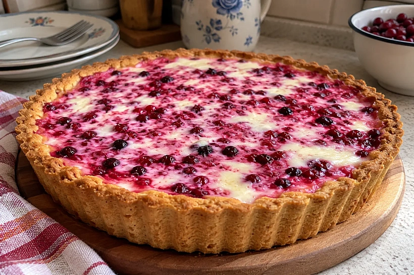 Пирог с брусникой и сметанной заливкой: нежный, сочный и ещё вкуснее на следующий день