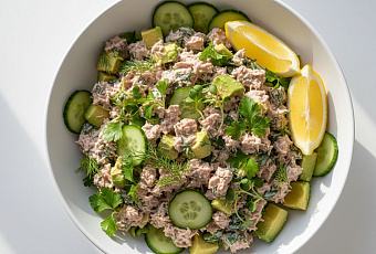 Салат из тунца без майонеза с авокадо и огурцом за 15 минут