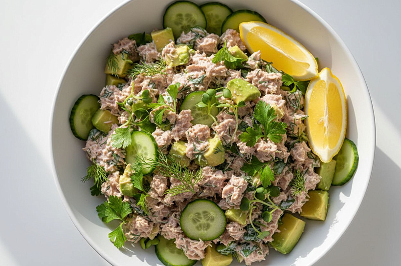 Салат из тунца без майонеза с авокадо и огурцом за 15 минут