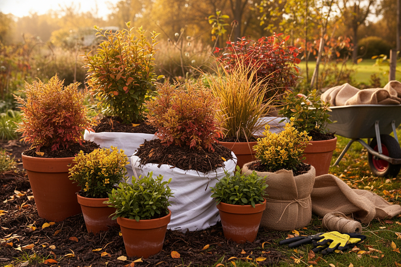 Осенний прикоп контейнерных растений: как защитить горшки от промерзания зимой