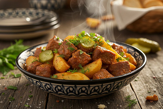 Азу по-татарски из говядины с жареной картошкой, рецепт мягкого мяса