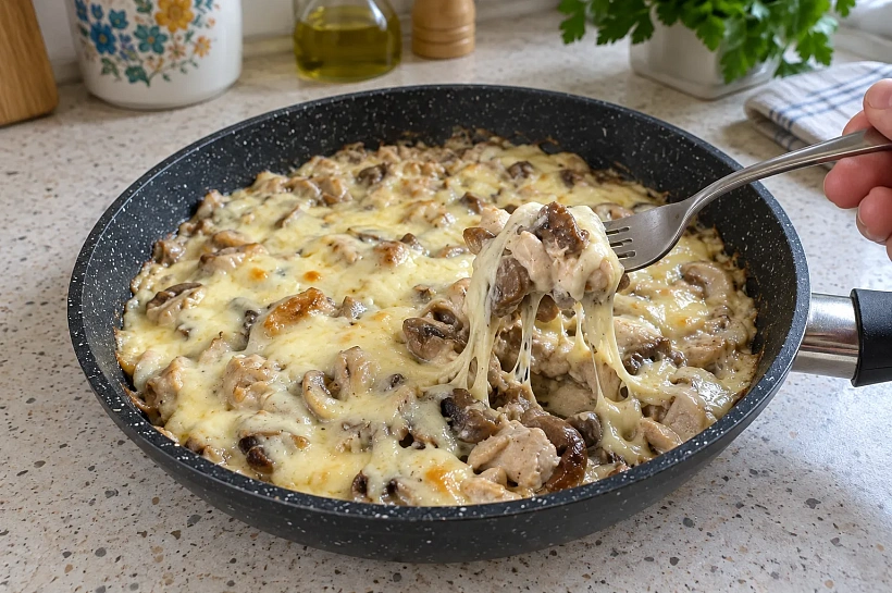 Жюльен с курицей и грибами на сковороде: сливочный соус и сырная шапочка без духовки