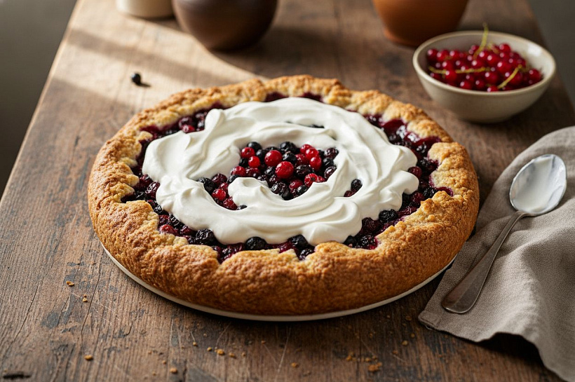 Пирог со смородиной и сметанной заливкой за 45 минут без миксера