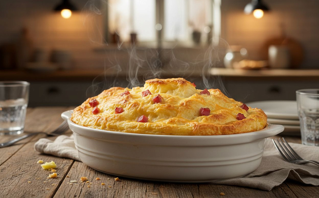 Картофельное суфле с ветчиной и сыром, простой рецепт для семейного ужина