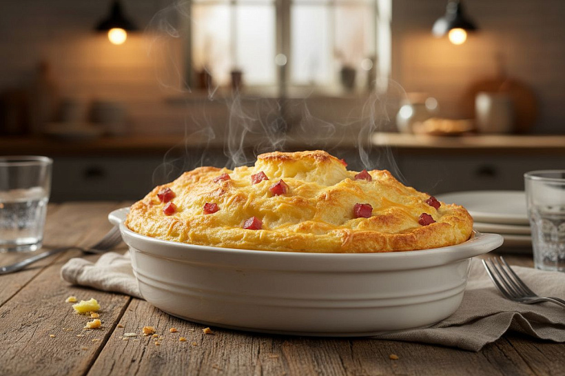 Картофельное суфле с ветчиной и сыром, простой рецепт для семейного ужина