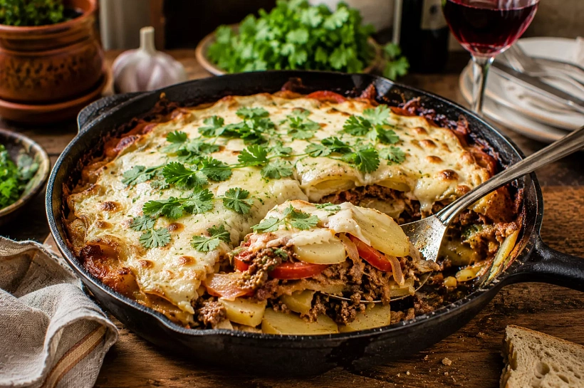 Выкладываю картошку слоями с фаршем и томлю под крышкой: мясо по-французски готовлю без духовки