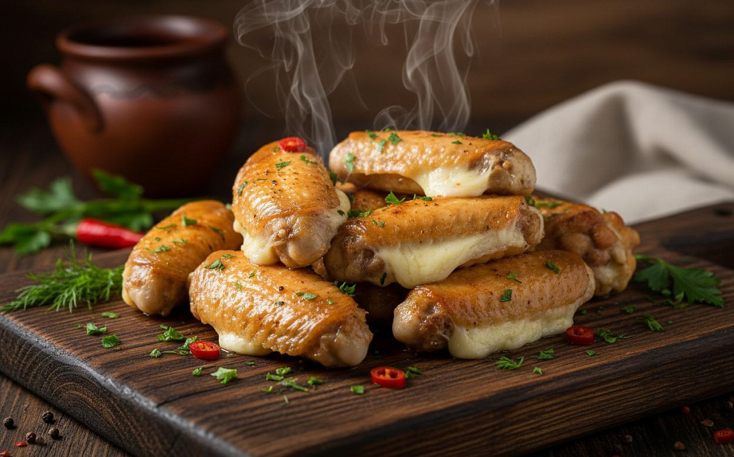 Куриные крылышки с сыром сулугуни, пошаговый рецепт приготовления