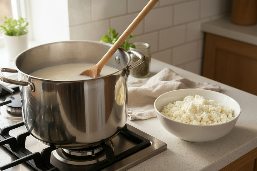 Как приготовить нежный творог из 5 литров молока в обычной кастрюле