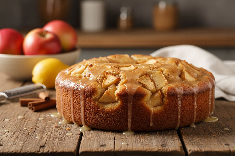 Нежный яблочный кекс с лимонной глазурью из простых продуктов
