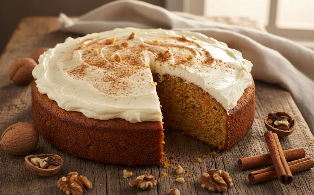 Морковный пирог с орехами и кремом: простой домашний рецепт с корицей