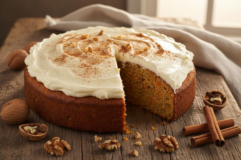 Морковный пирог с орехами и кремом: простой домашний рецепт с корицей