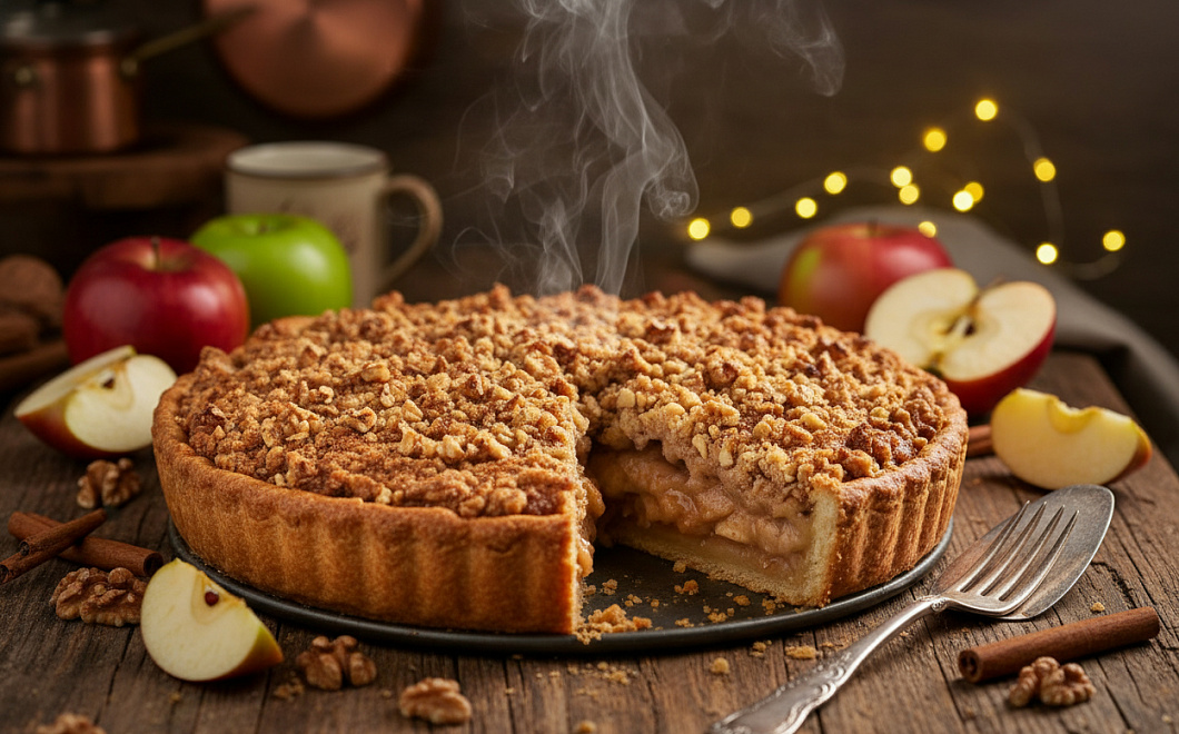 Осенний яблочный пирог с ореховой корочкой и корицей