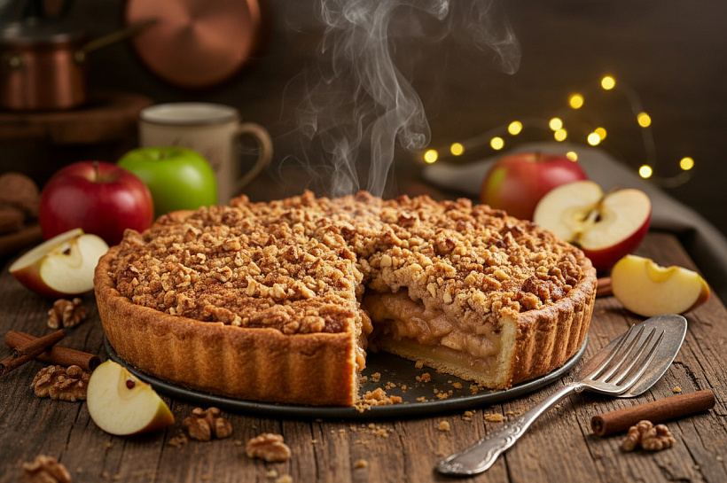 Осенний яблочный пирог с ореховой корочкой и корицей