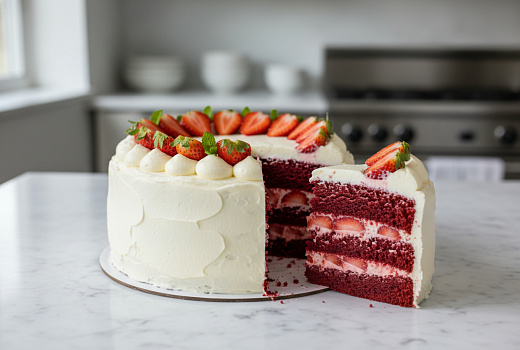 Торт Красный бархат с кефиром и клубничной начинкой на желатине