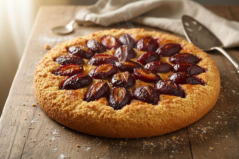 Сливовый пирог на песочном тесте с карамелизированными сливами без яиц