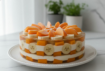 Фруктовый торт-желе без выпечки с бананами и хурмой: рецепт за час