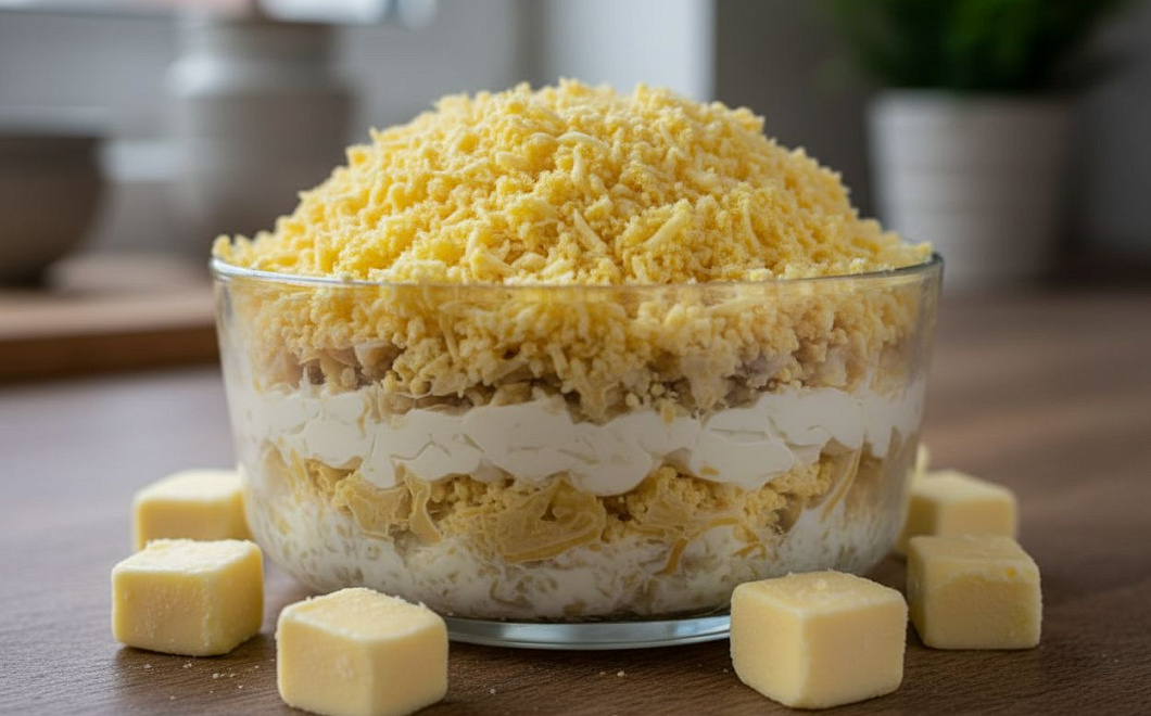 Мимоза без моркови с сайрой и подмороженным маслом: секрет нежного салата