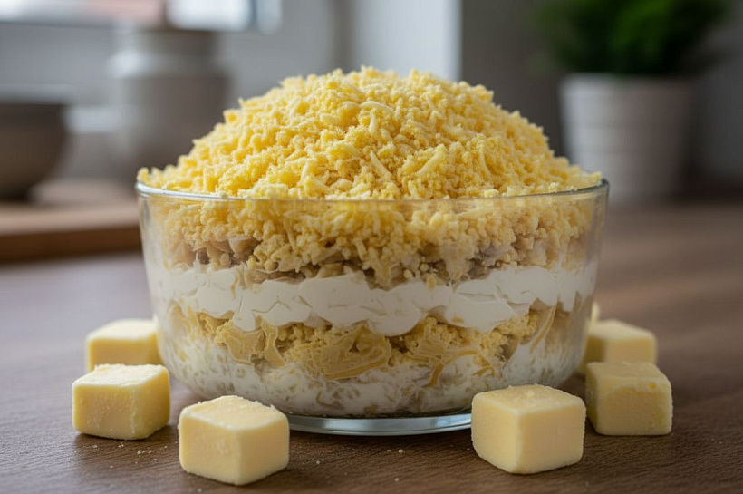 Мимоза без моркови с сайрой и подмороженным маслом: секрет нежного салата