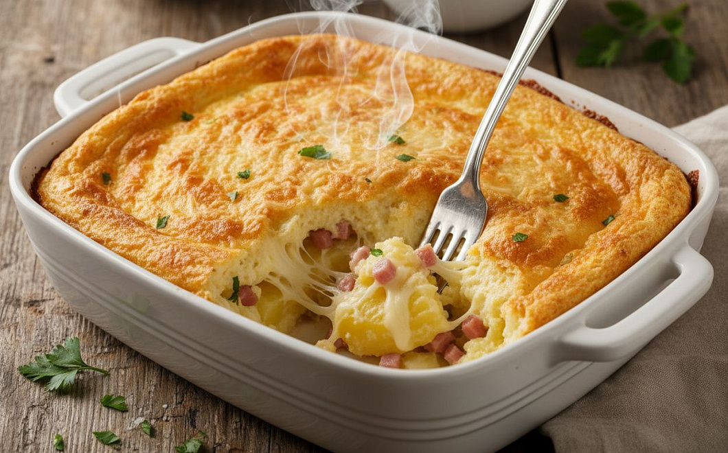 Картофельное суфле с ветчиной и сыром, простой рецепт для семейного ужина