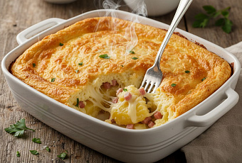 Картофельное суфле с ветчиной и сыром, простой рецепт для семейного ужина