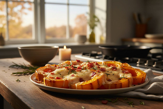 Осенний ужин за 15 минут: запечённая тыква баттернат с сыром и беконом