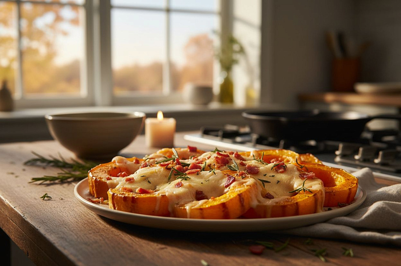 Осенний ужин за 15 минут: запечённая тыква баттернат с сыром и беконом