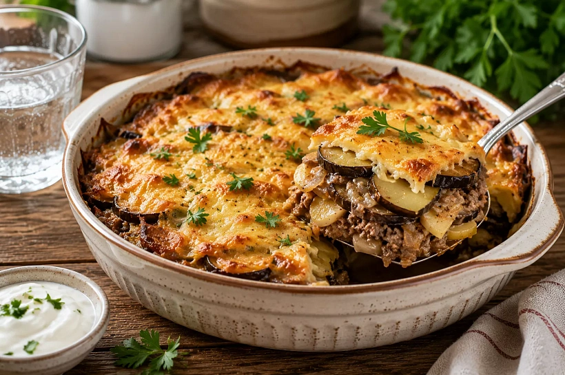 Выкладываю картофель, баклажаны и мясо слоями: получается сочное блюдо без отдельного гарнира