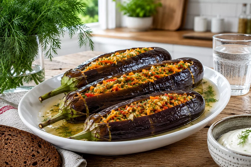 Фарширую баклажаны морковью и перцем, затем оставляю в рассоле: получается пикантная закуска
