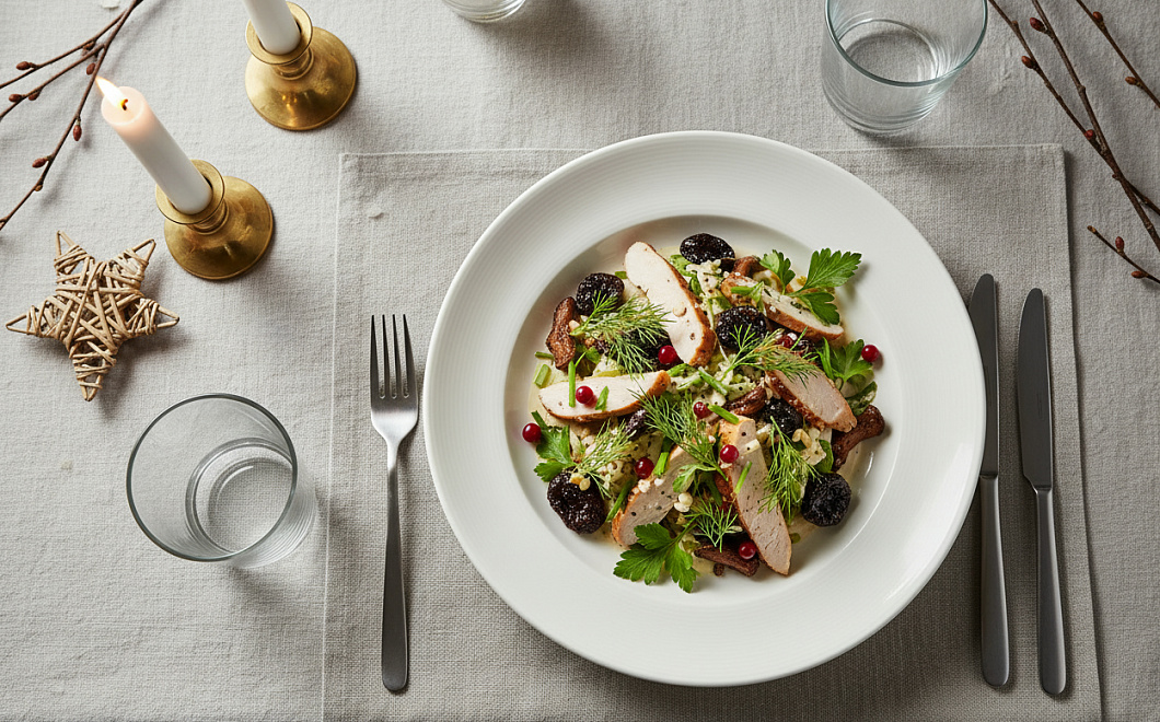 Скандинавский салат с курицей и черносливом заменит оливье на новогоднем столе